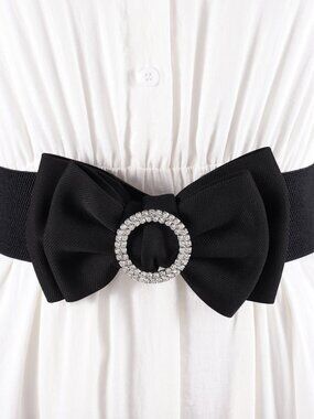 2/$30 NWT Black Elastic Wide Waist Belt Rhinestone Circle Bow Clasp Cinch Corset